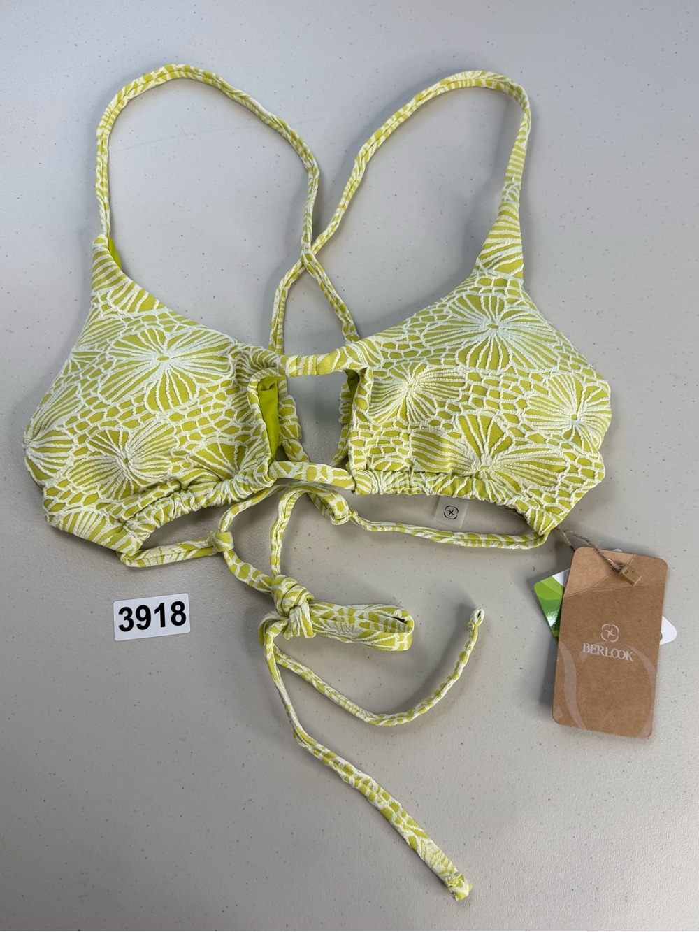 Berlook Light Green Yellow Floral Textured Jacquard Cut Out Bikini Top Medium